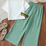 Girls Floral Printed Crop Top with Mint Green Pleated Wide Leg Pants Co-Ord Set