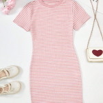 Girls Pink & White Striped Ribbed Bodycon Dress