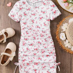 Girls White & Pink Floral Ruched Bodycon Dress