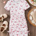 Girls White Floral Printed Ruched Bodycon Dress