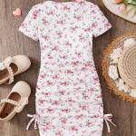 Girls White Floral Printed Ruched Bodycon Dress
