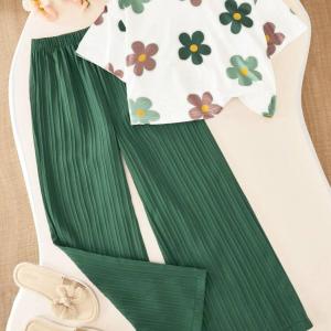 Girls Floral Printed Crop Top with Green Pleated Wide Leg Pants Co-Ord Set