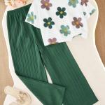 Girls Floral Printed Crop Top with Green Pleated Wide Leg Pants Co-Ord Set
