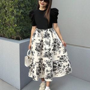 Girls Black Puff Sleeve Top with White Floral Print Midi Dress