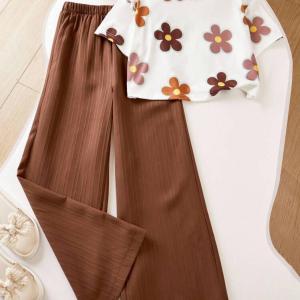 Girls Floral Printed Crop Top with Coffee Pleated Wide Leg Pants Co-Ord Set