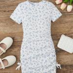 Blue Floral Ruched Girls Bodycon Dress