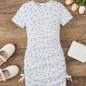 Blue Floral Ruched Girls Bodycon Dress