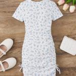 Girls White & Blue Floral Printed Ruched Bodycon Dress