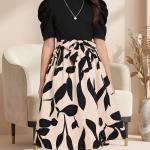 Girls Black Top & Peach Floral Printed Knee Length Dress
