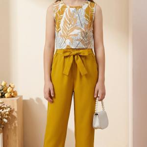 Girls Mustard Yellow Floral Sleeveless Top & Wide Leg Palazzo Pants Set