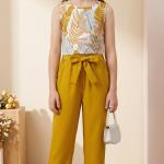 Girls Mustard Yellow Floral Sleeveless Top & Wide Leg Palazzo Pants Set