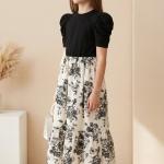 Girls Black Puff Sleeve Top & Floral Printed Flared Midi Dress