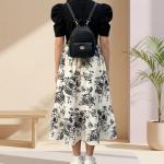 Girls Black Puff Sleeve Top & Floral Printed Flared Midi Dress