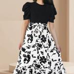 Girls Black & White Floral Maxi Dress with Puff Sleeves