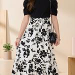 Girls Black & White Floral Maxi Dress with Puff Sleeves