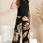 Girls Black High Neck Sleeveless Top & Leaf Print Wide Leg Palazzo Pants Set