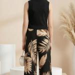 Girls Black High Neck Sleeveless Top & Leaf Print Wide Leg Palazzo Pants Set