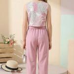 Girls Pink Floral Crop Top & Wide Leg Palazzo Pants Set with Bow