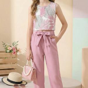 Girls Pink Floral Crop Top & Wide Leg Palazzo Pants Set with Bow