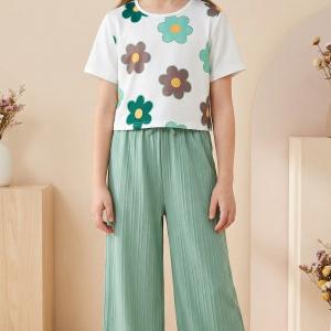 Trendy Crop Top with Mint Green Wide Leg Palazzo Pants