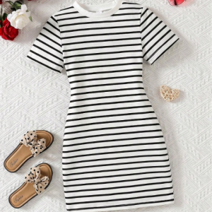Girls Black & White Striped Bodycon Dress