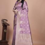 Lavender Banarasi Silk Saree with Golden Zari Detailing for Weddings & Festivals