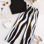 Girls Black Ribbed Sleeveless Crop Top & Striped Wide Leg Pants Set