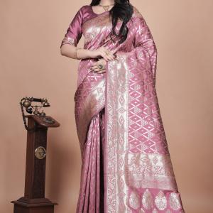 Elegant Pink Silk Saree with Silver Zari Work - Traditional Handwoven Indian Sari for Weddings, Festive Occasions & Parties