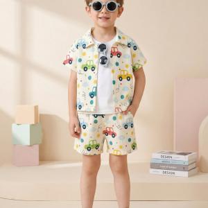 Boys Multi-Color Car Print Co-Ord Set – Cotton Shirt & Shorts Summer Outfit for Kids