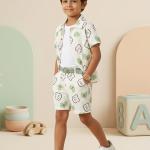 Boys White & Green Printed Co-Ord Set – Cotton Shirt & Shorts Summer Outfit for Kids