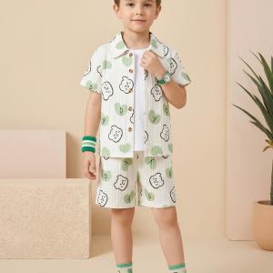 Boys White & Green Printed Co-Ord Set – Cotton Shirt & Shorts Summer Outfit for Kids
