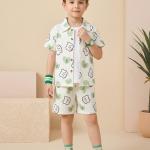 Boys White & Green Printed Co-Ord Set – Cotton Shirt & Shorts Summer Outfit for Kids