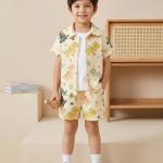 Boys Yellow Dinosaur Print Co-Ord Set – Cotton Shirt & Shorts Summer Outfit for Kids