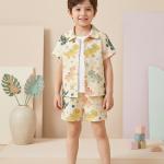 Boys Yellow Dinosaur Print Co-Ord Set – Cotton Shirt & Shorts Summer Outfit for Kids