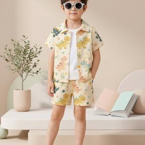Boys Yellow Dinosaur Print Co-Ord Set – Cotton Shirt & Shorts Summer Outfit for Kids