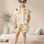 Boys Yellow Dinosaur Print Co-Ord Set – Cotton Shirt & Shorts Summer Outfit for Kids
