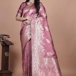 Regal Pink Banarasi Silk Saree with Detailed Zari Work and Peacock Design