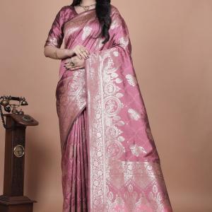 Regal Pink Banarasi Silk Saree with Detailed Zari Work and Peacock Design