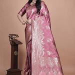 Regal Pink Banarasi Silk Saree with Detailed Zari Work and Peacock Design