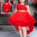 Girls Red High-Low Party Dress with Golden Bow & Sequin Belt