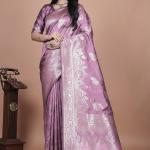 Traditional Purple Banarasi Silk Saree with Zari Work & Tassel Border