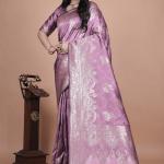 Traditional Purple Banarasi Silk Saree with Zari Work & Tassel Border