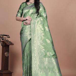 Classic Green Banarasi Silk Saree with Detailed Golden Zari Work for Festive Occasions