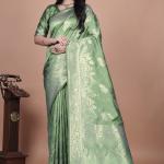 Classic Green Banarasi Silk Saree with Detailed Golden Zari Work for Festive Occasions