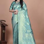 Teal Green Banarasi Silk Saree with Intricate Zari Motifs & Peacock Design