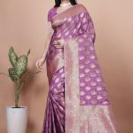 Purple Banarasi Silk Saree with Golden Zari Work & Tassel Border
