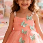 Peach Butterfly Applique Party Dress for Girls with Pearl Straps & Glitter Tulle