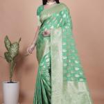 Elegant Green Banarasi Silk Saree with Golden Zari Work & Tassel Border