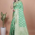 Elegant Green Banarasi Silk Saree with Golden Zari Work & Tassel Border