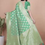 Elegant Green Banarasi Silk Saree with Golden Zari Work & Tassel Border